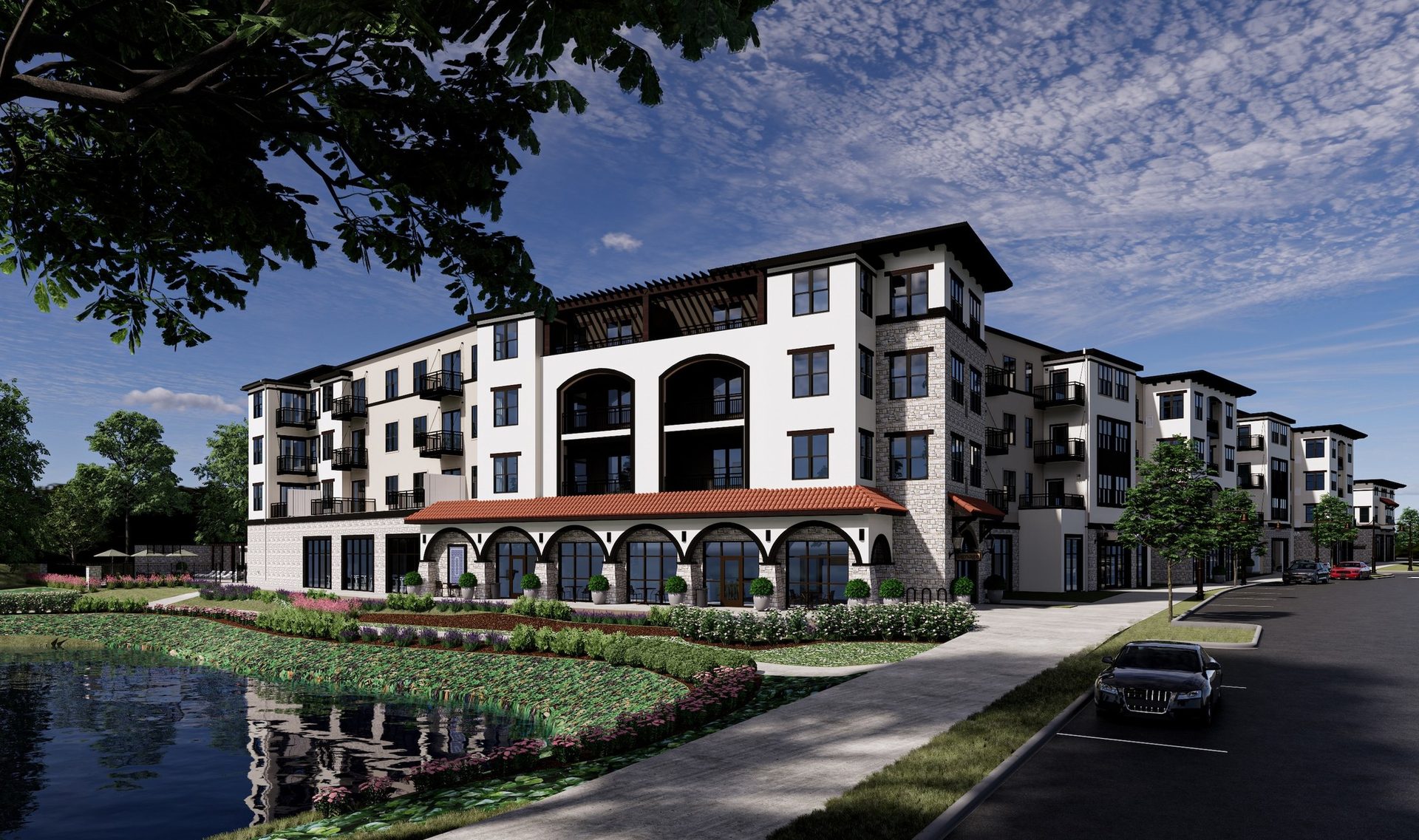 Rendering of the community exterior overlooking the pond