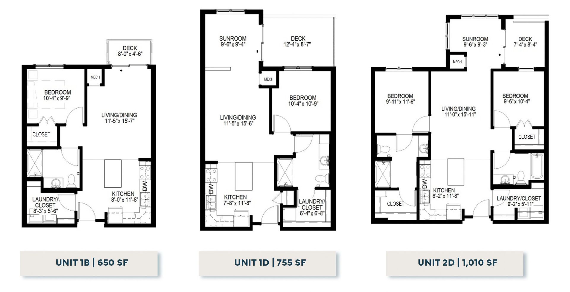 Sample floor plans for one and two bedroom residences